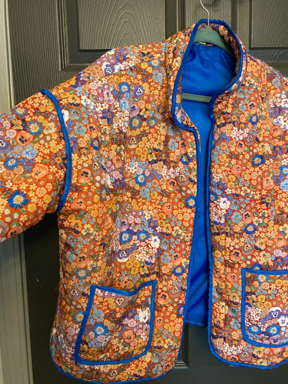 Womens Floral Quilted Jacket Medium Orange Blue Lightweight Puffer Coat Boho Poc - Picture 3 of 9